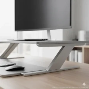 Detailaufnahme der hochwertigen, gebürsteten Oberfläche eines elektrischen Schreibtischaufsatzes aus Aluminium.