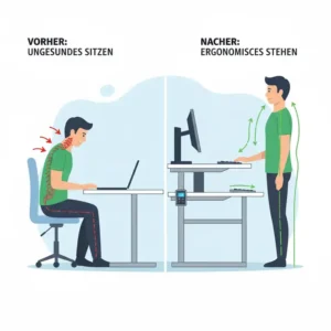 Grafik zur korrekten Körperhaltung durch einen elektrisch schreibtischaufsatz ergonomisch beim Stehen.