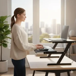 Ein Nutzer arbeitet im Stehen an einem elektrisch schreibtischaufsatz vergleichsmodell.