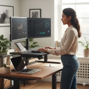 Elektrisch schreibtischaufsatz in der stehenden Position in Verwendung, um ergonomisches Arbeiten zu fördern.