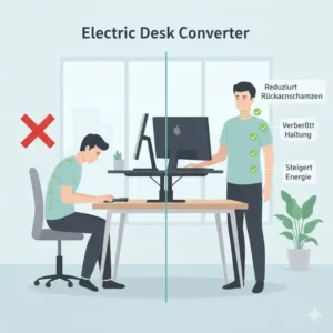 Illustration der richtigen Körperhaltung bei Nutzung eines elektrisch Schreibtischaufsatz für Home Office.