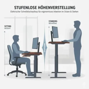 Die stufenlose Höhenverstellung zeigt den elektrisch schreibtischaufsatz mit tastaturablage in verschiedenen Positionen.