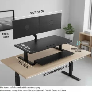 Die genauen Maße für einen elektrisch schreibtischaufsatz groß mit breiter Arbeitsfläche.