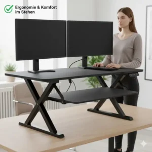 Ergonomic electric converter at standing height, making the elektrisch schreibtischaufsatz stabil essential.