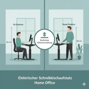 Infografik zur stufenlosen Höhenverstellung für den elektrisch Schreibtischaufsatz für Home Office.