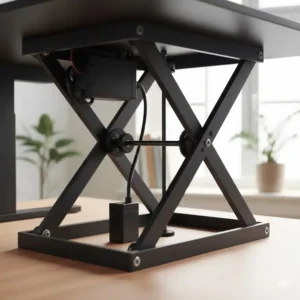 Nahaufnahme des leistungsstarken Motors und des Hebemechanismus, der den elektrisch schreibtischaufsatz test 2026 antreibt.