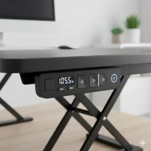 Übersichtliches Bedienfeld eines elektrisch schreibtischaufsatzes mit programmierbarer Speicherfunktion für die Höhe.