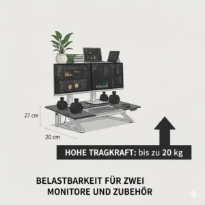 Illustration der hohen Tragfähigkeit und Stabilität beim Schreibtischaufsatz elektrisch premium.