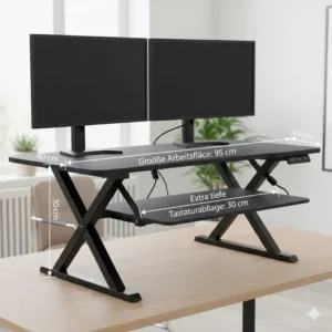 Large $95\text{cm} \times 40\text{cm}$ surface of the elektrisch schreibtischaufsatz stabil fits multiple screens.