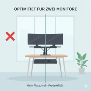 Ein breiter elektrisch Schreibtischaufsatz für Home Office mit ausreichend Platz für zwei Monitore.