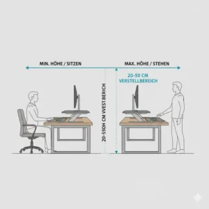 Illustration der maximalen und minimalen Arbeitshöhe des elektrischen Schreibtischaufsatzes aus Aluminium für ergonomisches Arbeiten.