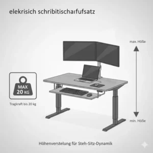 Darstellung der Höhenverstellung beim elektrisch schreibtischaufsatz bis 20 kg.