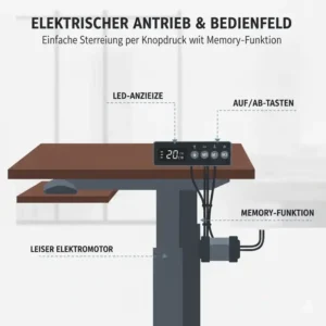Detailansicht des Motors und der Steuerung vom elektrisch schreibtischaufsatz mit tastaturablage.