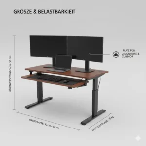 Die Maße und maximale Tragfähigkeit des schreibtischaufsatz elektrisch günstig für zwei Monitore.