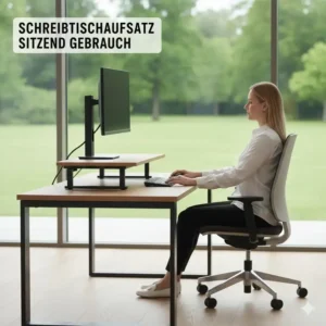 Die ergonomische sitzende Position mit dem vollständig abgesenkten elektrisch schreibtischaufsatz empfehlung.