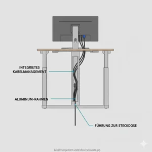 Integriertes Kabelmanagement an der Rückseite des elektrischen Schreibtischaufsatzes aus Aluminium für einen ordentlichen Arbeitsplatz.