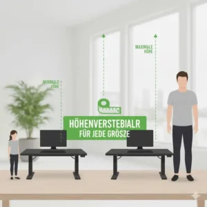 Illustration der stufenlosen Höhenverstellung bei einem elektrisch schreibtischaufsatz ergonomisch.