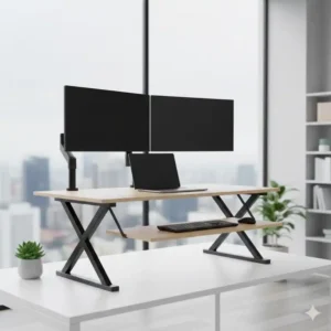 Elektrisch schreibtischaufsatz höhenverstellbar in maximaler Höhe mit zwei Bildschirmen.