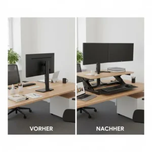 Darstellung eines normalen Schreibtisches (Vorher) und derselben Arbeitsfläche mit montiertem elektrisch schreibtischaufsatz (Nachher).