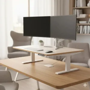 Robuster schreibtischaufsatz elektrisch leise, der zwei große Monitore und Zubehör stabil hält.