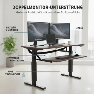 Große Arbeitsfläche für zwei Monitore auf dem elektrisch schreibtischaufsatz mit tastaturablage.