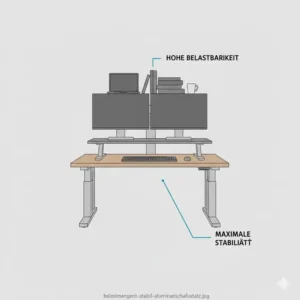 Stabiler elektrischer Schreibtischaufsatz aus Aluminium belastet mit zwei Monitoren und Zubehör.