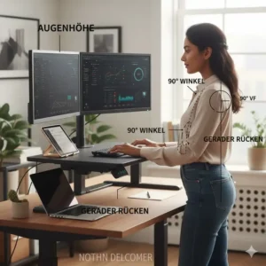 Ideale ergonomische Körperhaltung beim Stehen am elektrisch schreibtischaufsatz test 2026, um Rückenschmerzen vorzubeugen.