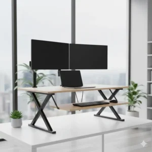 Elektrisch schreibtischaufsatz höhenverstellbar in der niedrigsten Position zum Sitzen.