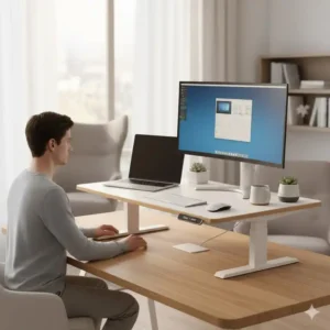 Der schreibtischaufsatz elektrisch leise in der niedrigsten Einstellung für komfortables Sitzen am Schreibtisch.