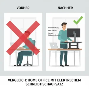 Vorher-Nachher-Vergleich eines normalen Tisches gegenüber einem elektrisch Schreibtischaufsatz für Home Office.