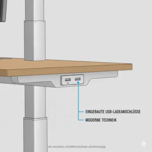 Eingebaute USB-Ladeanschlüsse an der Basis des elektrisch höhenverstellbaren Schreibtischaufsatzes aus Aluminium.