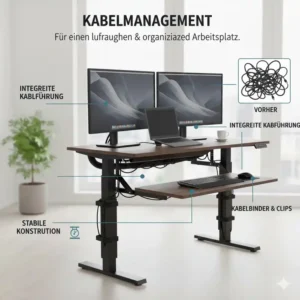 Ordnung am Arbeitsplatz dank Kabelmanagement am elektrisch schreibtischaufsatz mit tastaturablage.