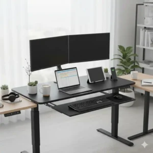 Großzügige Stellfläche und Tragfähigkeit des elektrisch schreibtischaufsatzes für zwei Monitore und Zubehör.