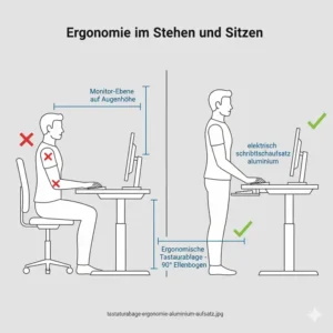 Ergonomische Tastaturablage des elektrischen Schreibtischaufsatzes aus Aluminium zur Entlastung der Handgelenke beim Stehen.