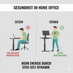 Schaubild zur Förderung der Gesundheit durch die Steh-Sitz-Dynamik mit einem elektrisch Schreibtischaufsatz für Home Office.