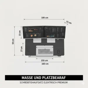 Eine Übersicht der Maße und technischen Daten für den Schreibtischaufsatz elektrisch premium.