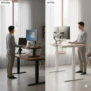 Vergleich eines manuellen Aufsatzes mit dem hochmodernen schreibtischaufsatz elektrisch leise (alt vs. neu).