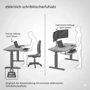 Vorher-Nachher-Vergleich der Haltung mit einem elektrisch schreibtischaufsatz bis 20 kg.