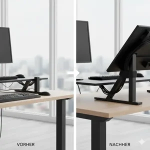 Vorher-Nachher-Ansicht eines Schreibtisches mit dem elektrisch schreibtischaufsatz vergleichsgerät.