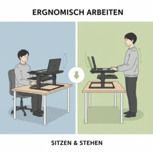 Ergonomisches Arbeiten durch einen schreibtischaufsatz manuell verstellbar im Stehen.