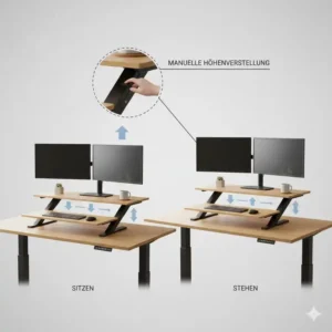 Detailansicht der Höhenverstellung für den Schreibtischaufsatz manuell ergonomisch.