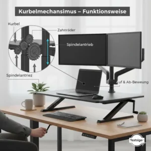 Detailansicht der Kurbelfunktion im schreibtischaufsatz manuell test 2026.