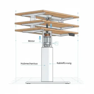 Detailansicht der Hubmechanik für den elektrisch schreibtischaufsatz mit kabelführung.