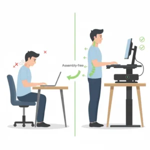 Illustration der ergonomischen Vorteile durch einen elektrisch schreibtischaufsatz montagefrei am Arbeitsplatz.