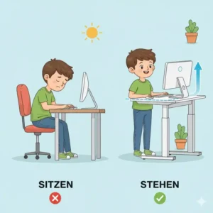 Kind lernt gesund im Stehen mit dem elektrisch schreibtischaufsatz kinder.