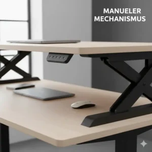 Detailansicht der Hebel an einem schreibtischaufsatz manuell verstellbar zur Höhenanpassung.