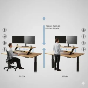 Vergleich zwischen Sitzen und Stehen mit dem Schreibtischaufsatz manuell ergonomisch.