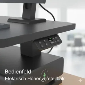 Nahaufnahme der Steuerung für den elektrisch schreibtischaufsatz montagefrei zur stufenlosen Höhenverstellung.