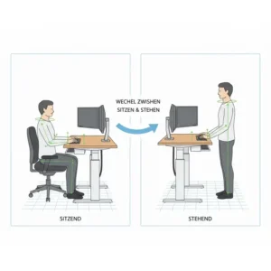 Ergonomische Arbeitspositionen beim elektrisch schreibtischaufsatz mit kabelführung im Stehen.