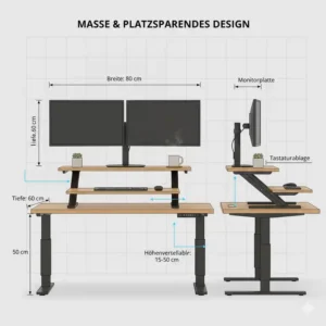 Infografik mit den Maßen für einen Schreibtischaufsatz manuell ergonomisch.